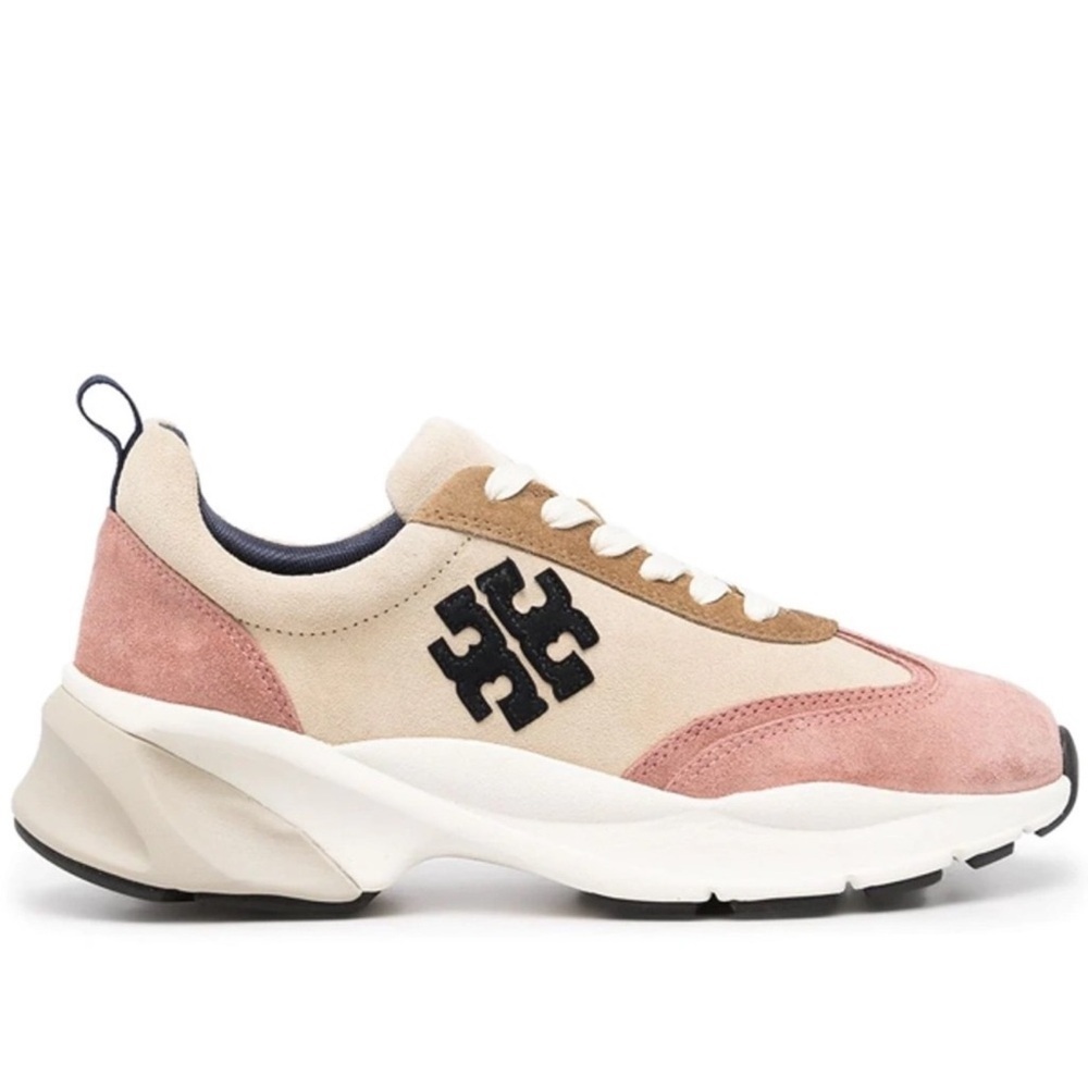 Tory Burch Pink Suede & Beige Suede Platform Sneakers with Black Logo - Picture 2 of 6
